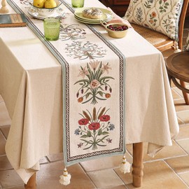 ISAENNE Designer Elegant Linen Table Runner 118 Inches, Farmhouse Colorful Wildflower Pattern Table Runners for Dining Tables,Decoration for Thanksgiving,Parties,Christmas,New Year,16"x118"