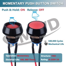 DMWD 2pcs 12mm Waterproof Metal Momentary Domed Push Button Switch 3A 12V 24V 110V 1NO ON-Off Reset Micro Switch Aluminium Black Shell (Pre-Wired Red Button)
