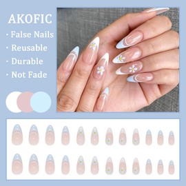 AKOFIC Pack of 24 Press on Nails Short Almond, French Ballerina Acrylic Artificial Nails, Glue-On Nails with Jelly Nail Glue, Fake Nails for Women Girls (Pink White Flower)