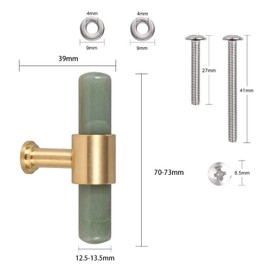 mookaitedecor Set of 2 T-Bar Crystal Drawer Pulls Handles with Screws, Brushed Brass Stone Knobs for Cabinet Kitchen Dresser, Green Aventurine