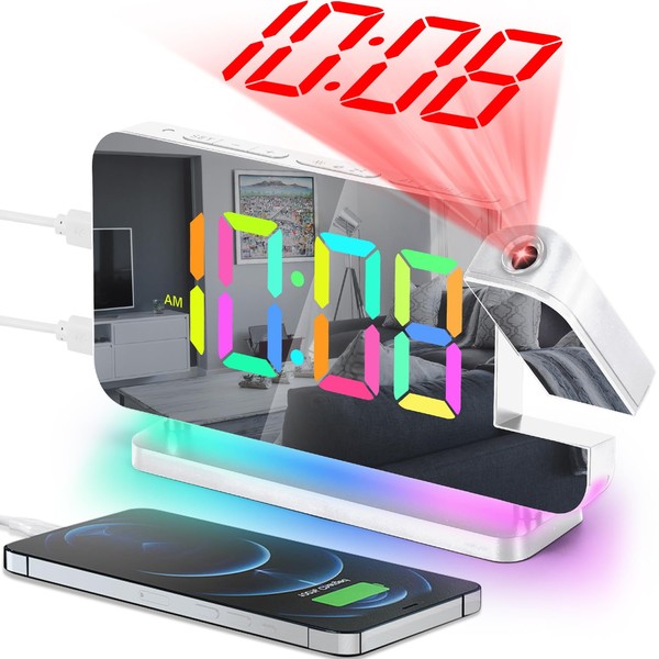 SZELAM Projection Alarm Clock,7.4" LED Mirror Digital Clocks Large Display,with 180° Rotatable Projector,RGB Night Light,USB C Port,Auto Dimming,Modern Desk Clock for Bedroom Decor - White