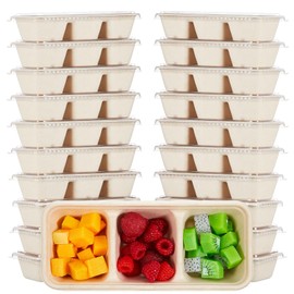Hushee 17 oz Small Meal Prep Containers 3 Compartments with Lids, Disposable Plastic Bento Boxes Reusable Stackable Food Containers Travel Lunch Boxes for Office, Picnic (Natural,25 Pack)