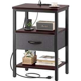 SUPERJARE Nightstand with Charging Station, Bed Side Table with Adjustable Fabric Drawer, Night Stand for Bedroom, 3-Tier Storage End Table, for Living Room - Walnut