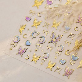 Butterfly Nail Art Stickers Golden Nail Decals Self Adhesive 5D Embossed Moon Heart Nail Sticker for Nail Art Design Spring Nail Stickers for Women Girls Supplies Nail Art Decorations Accessories