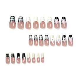 Caiguoer 24pcs Square Fake Nails Five Five Star Shape False Nails Long French Press on Nails for Women and Girls