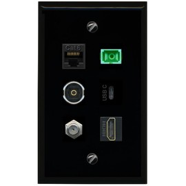 RiteAV CAT6 Coax HDMI SC APC Simplex Fiber TOSLINK USBC Flat/Solid Wall Plate [Black]