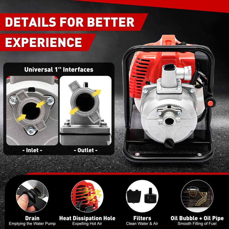 1-Inch Gas-Powered Water Transfer Pump,43CC 2-Stroke Semi-Trash Water Pump,Heavy Duty
