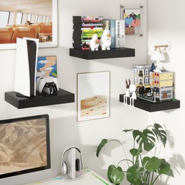 FLYJOE Black Deep Floating Shelves for Wall | 16 Inch Wide x 12 Inch Deep Floating Shelves Set of 2 | Rustic Wood Deep Wall Shelves | Deep Shelves for Wall | Bookshelf Laundry Shelf TV Shelf - Black