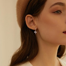 Solid 925 Sterling Silver Bow Hoop Earrings for Women, Trendy CZ Bowknot Drop Earrings Jewelry Gift for Her, Sterling Silver Cubic Zirconia, Cubic Zirconia