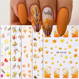 Fall Nail Stickers, 8Sheets Autumn Nail Decals 3D Self-Adhesive Maple Leaf Ginkgo Gold Yellow Leaves Fall Nail Art Design for Acrylic Nails Thanksgiving Nail Accessories for Women Girls Kids