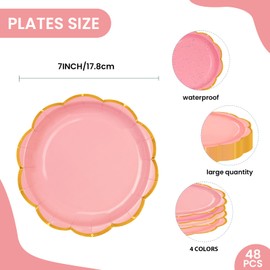 EVYIENEN 48pcs Dusty Pink Paper Plates,7inch Disposable Gold Foil Gradient Color Scalloped Dessert Paper Plate for Party Bridal Baby Girl Shower Graduation Wedding Supplies,4 Colours