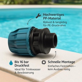 Polypropylene Coupling Clamp x Male Thread AG Connection Screw 16 Bar | PE Pipe Plastic Fitting | PP Clamp Connector for Drinking Water DVGW/KIWA/WRAS/SVGW (20 mm x 1/2)