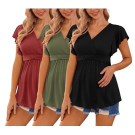 Ekouaer Maternity Shirts 3 Packs Flying Short Sleeve Nursing Tops Pregnancy Clothes Black+Army Green+Wine red M