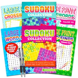 Variety Puzzle Books for Adults - Bundle with 6 Assorted Brain Stimulating Puzzle Books for Adults Including Sudoku, Crossword, Word Search Plus Pens | Word Find Books for Seniors