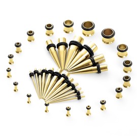 36-Piece Ear Stretching Kit, Beginner Gauges 14G-00G Starter Set, Stainless Steel Tapers and Tunnels, 1.6mm-10mm (14G-00G) (Gold Tone-Tone)