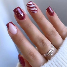 Christmas Press on Nails Short Fake Nails with Red White Stripes Glitter Designs Square Xmas Full Cover Glossy Glue on Nails V-Shaped French False Nails Press ons for Women Girls 24 Pcs