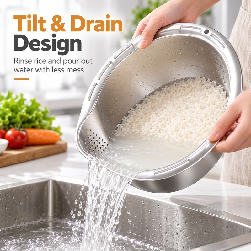 Stainless Steel Rice Washing Bowl with Strainer for Rice, Fruits