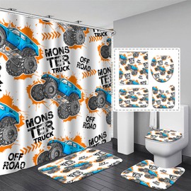 Boys Bathroom Decor Monster Truck Shower Curtain Sets Monster Truck Shower Curtains Boy Bathroom Set 4 Pieces, Kids Teen Toddler Bath Waterproof Cartoon Car Shower Curtain Mat for Toilet Decorations