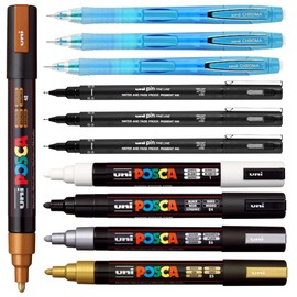 posca Drawing and Sketching Kit - Metallic Color Marker Set of 5 with 5M Medium Tips + 3 Count Uni Pin 0.5mm Fineliners + 3 Count Uni Chroma Mechanical Pencils