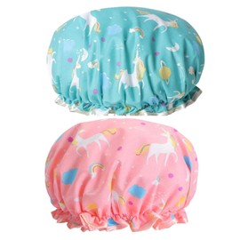 Shower Cap Double Bath Caps Waterproof Plastic Lace Elastic Band Hat Reusable Hair Wrap for Girls and Women Shower Pack of 2 Bonnet Soft