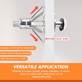 Hollow Wall Anchors, M4*32 Metal Molly Bolts for Drywall, 20PCS Zinc Plated Steel Drywall Anchors for Heavy Duty Picture Hangers, Hand Mirror, Floating Shelves, Wall Clock
