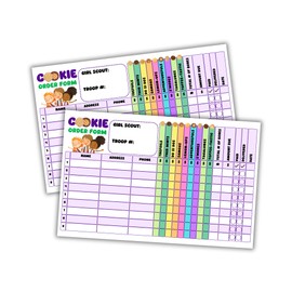 Scout Cookie Order Form Grid with Girl Cookies | 30 pk 8.5x5.5” Card Hand Out Neighbors Sales Tracker Booth Sold Here Door Hanger Thank you Stickers Purple Little Brownie