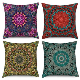 Boho Cushion Covers 40 x 40 cm Set of 4, Hnmdmyi Retro Floral Mandala Compass Medallion Decorative Throw Pillow Covers Bohemian Hippie Colorful Linen Pillowcases for Sofa Bed Garden Outdoor Home Decor