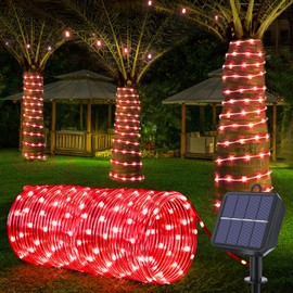 Solar Rope Lights, 66ft 200LED Solar String Lights, 8 Modes Waterproof Solar Powered Outdoor Light, Flexible Clear Tube Light for Garden Backyard Patio Deck Porch Pool Tree Christmas Decoration - Red