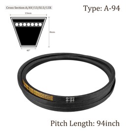 Kozelo A94 V-Belts - [94" Pitch Length x 8mm Thickness x 13mm Width] A-Section Industrial Drive Belt for Power Transmission Use, Rubber, Black, 40 Degree