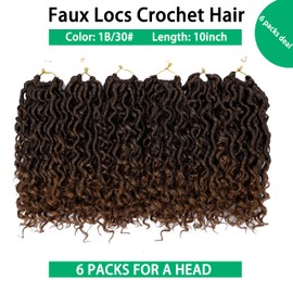 Faux Locs Crochet Hair 10 Inch Ombre Goddess Locs Crochet Hair for Women Soft River Locs Curly Pre Looped Crochet Braids with Curly Ends Boho Hippie Locs Synthetic Hair Extensions(6 packs, 1b/30)
