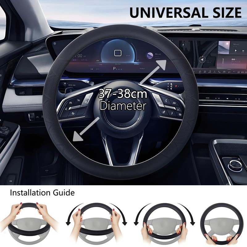Universal Black Steering Wheel Cover, 14.5-15 Inch Black Universal Microfiber