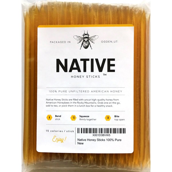 Native Honey Sticks, Pure and Uncut Honey Straws Made in the USA with Real Wildflower Honey (100 Pack)