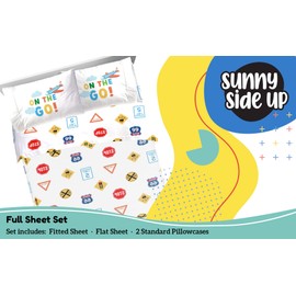 Sunny Side Up On The Go Full Sheet Set - 4 Piece Kids Bedding Set Includes Pillow Cover - Super Soft Vehicles Microfiber Sheets