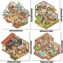 4 Sets DIY 3D Fun Big Size House Scenes Stickers with Tweezers Make Your Own Mini Vintage Villa Party Stickers Scenes Cute Micro Room Craft Scrapbook Stickers for Relief Stress Pass The Time