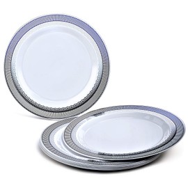 " OCCASIONS " 60 Plates Pack, Heavyweight Disposable Wedding Party Plastic Plates (7.5'' Appetizer/Dessert Plate, Louvre in White/blue & Silver)