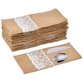 PIKOVIC PIKOVIC 30 Pieces Jute Lace Cutlery Bags for Wedding, Vintage Hessian Cutlery Holder for Party, Wedding