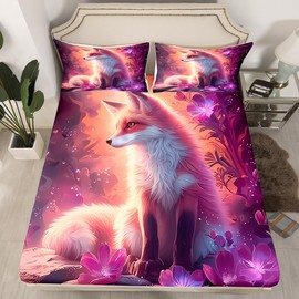 Lovely Fox Fitted Sheet Queen Size for Bedroom Decor Glitter Purple Floral Bedding Set Girls Boys Adults Cute Wild Animal Bed Cover Mysterious Jungle Style Bed Sheet,2 Pillowcases