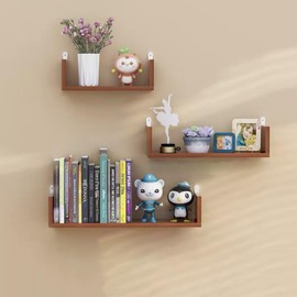Hbluefat Floating Shelves Set of 3, Wall Hanging Mounted Floating Book Shelf, Wood Wall Decor Storage Shelf for Bedroom, Living Room, Bathroom (Teak)