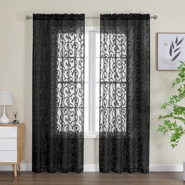 OWENIE Furman Black Sheer Curtains 72 inches Long 2 Panels Set, Light Filtering Top Rod Pocket Semi Sheer Black Door Curtains, Geometric Jacquard Clip Design for Bedroom Living Room, 40Wx72L inch