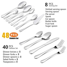 HaWare 48 Pieces Silverware Set with Serving Utensils, Stainless Steel Fancy Flatware Cutlery Set for 8, Traditional Elegant Style Tableware Eating Utensils, Mirror Polished & Dishwasher Safe