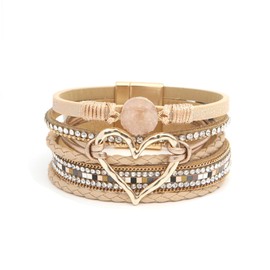 xuzhiyuan Boho Heart Leather Wrap Bracelets Trendy Shiny Rhinestone Multilayer Stackable Cuff Bangles Bracelets Christmas Gift Jewelry for Women-Beige