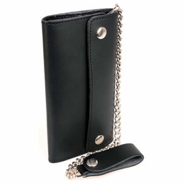 Milwaukee Leather MLW7811 Men's 8” Black Leather Biker Wallet - Bi-Fold w/Anti-Theft Stainless Steel Chain - One Size