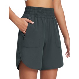 BALEAF - Pantalones cortos deportivos para mujer, de 7 pulgadas, de largo, para correr, entrenamiento, senderismo, cintura alta, secado rápido, bolsillos con cierre, UPF50+, Gris oscuro, Small