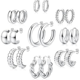 HAIAISO 9 Pairs Gold Hoop Earrings Set for Women Lightweight 14K Gold Plated Chunky Hoop Earrings Multipack Hypoallergenic, Thick Open Twisted Silver Huggie Hoops Earring Set Jewelry …