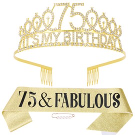 Hapdoo 75th Birthday Decorations for Women, 75th Birthday Gits for Her Party Decorations Set- Crown Tiara and Sash with 75 & Fabulous