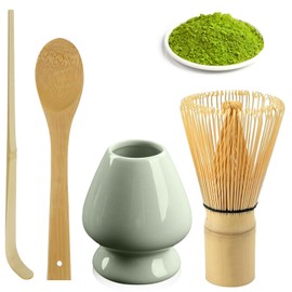 Matcha Whisk, Bamboo Whisk, 80 Bristles with 2 Matcha Spoons, Matcha Broom Holder, Green, Bamboo Whisk, Matcha Whisk, Matcha Accessories, Ceramic Tea Brush Holder, Pack of 4