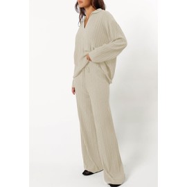 Cakulo Womens 2024 Lounge Sets 2 Piece Outfits Knit Sweater Matching Set Ribbed Wide Leg Loungewear Sweatsuits Apricot S