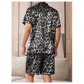BEAUDRM Men's 2 Piece Satin Silk Pajama Sets Leopard Button Down Shirts and Shorts Cheetah Loungewear Sleepwear Pjs Black and Grey Large