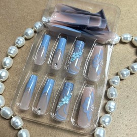 MERVF Long Square Press on Nails Blue French Tip Fake Nails Press ons with 3D Flower Design Glue on Nails Squoval Pearls Acrylic Nails Spring Glossy 24pcs False Nails