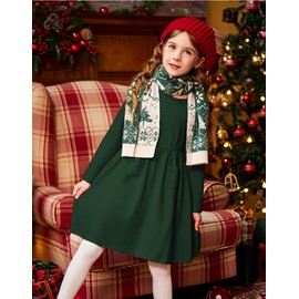 Arshiner Fall Dresses for Girls Long Sleeve Stretchy Swing Skater Dress with Pockets Christmas Dark Green 6-7 Years